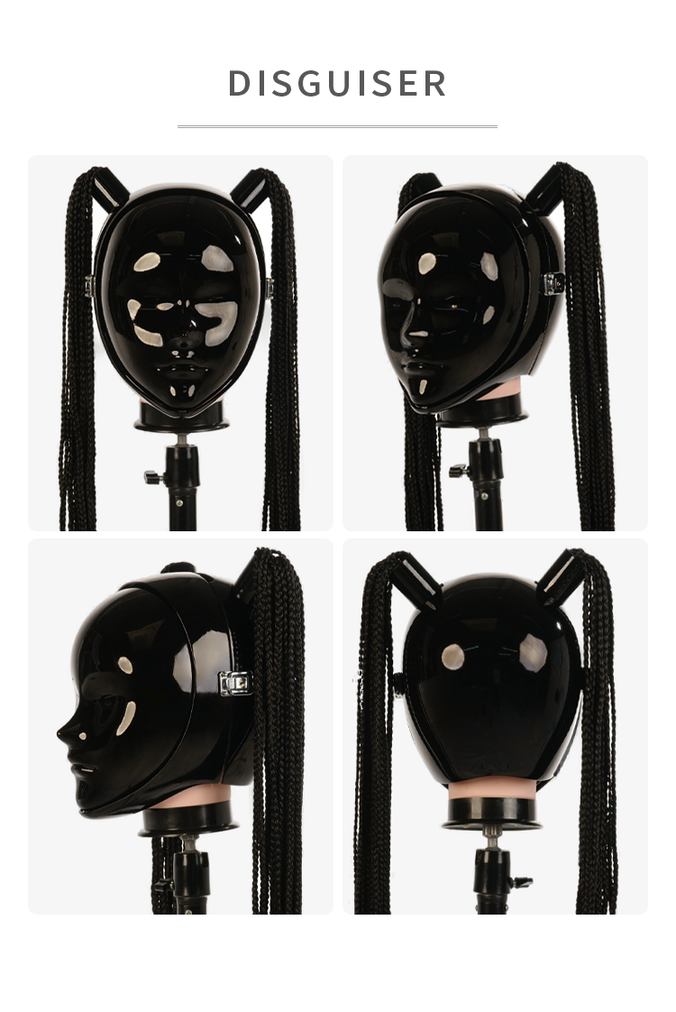 Black "Disguiser" mask with two ponytails and padlocks, part of InTheMask by MOLIS NEOGAN collection, shown on a white background.