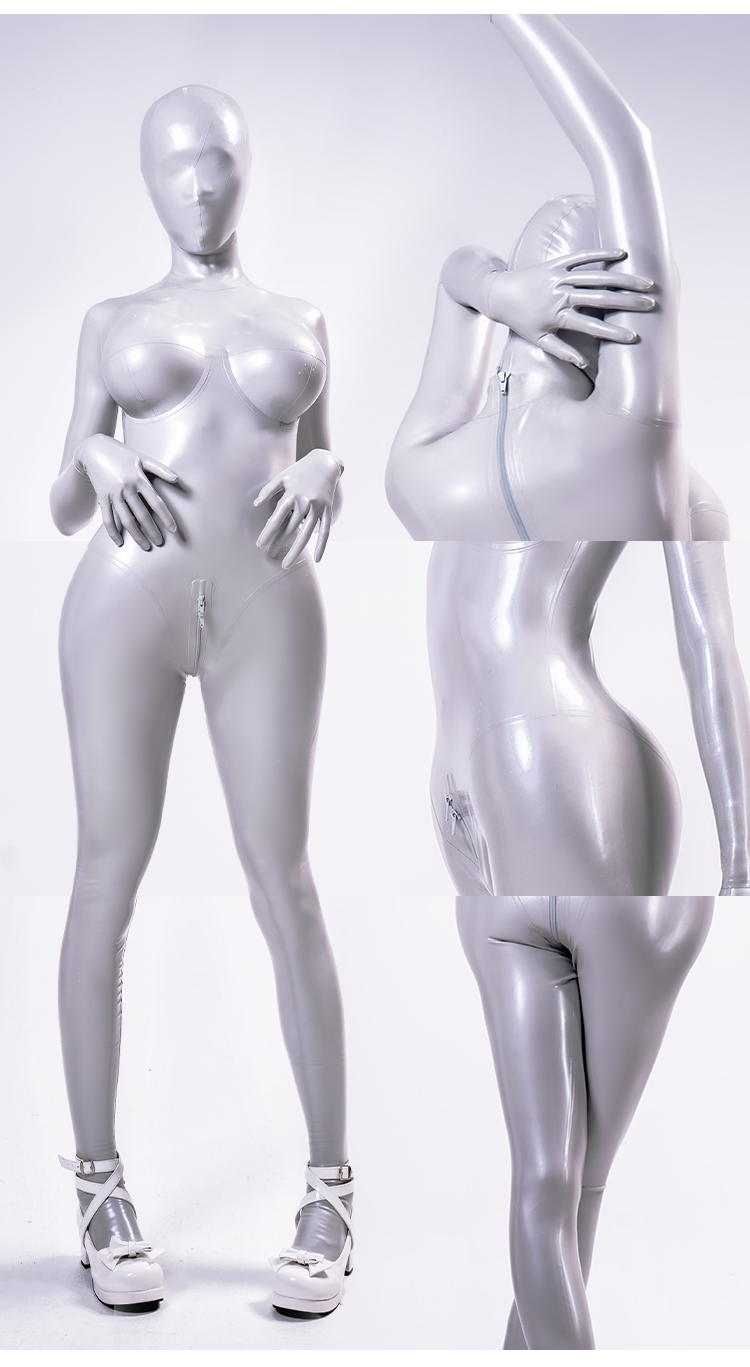 Metallic silver NEOGAN NS10 custom fashion latex catsuit by InTheMask by MOLIS, shown in a close-up image highlighting the shiny material.
