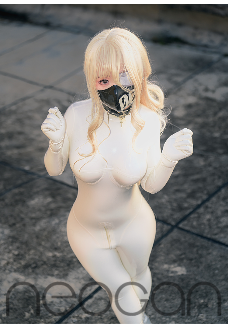 InTheMask by MOLIS NEOGAN NW10 pure white 100% custom fashion latex catsuit, close-up of the sleek, fitted latex garment.