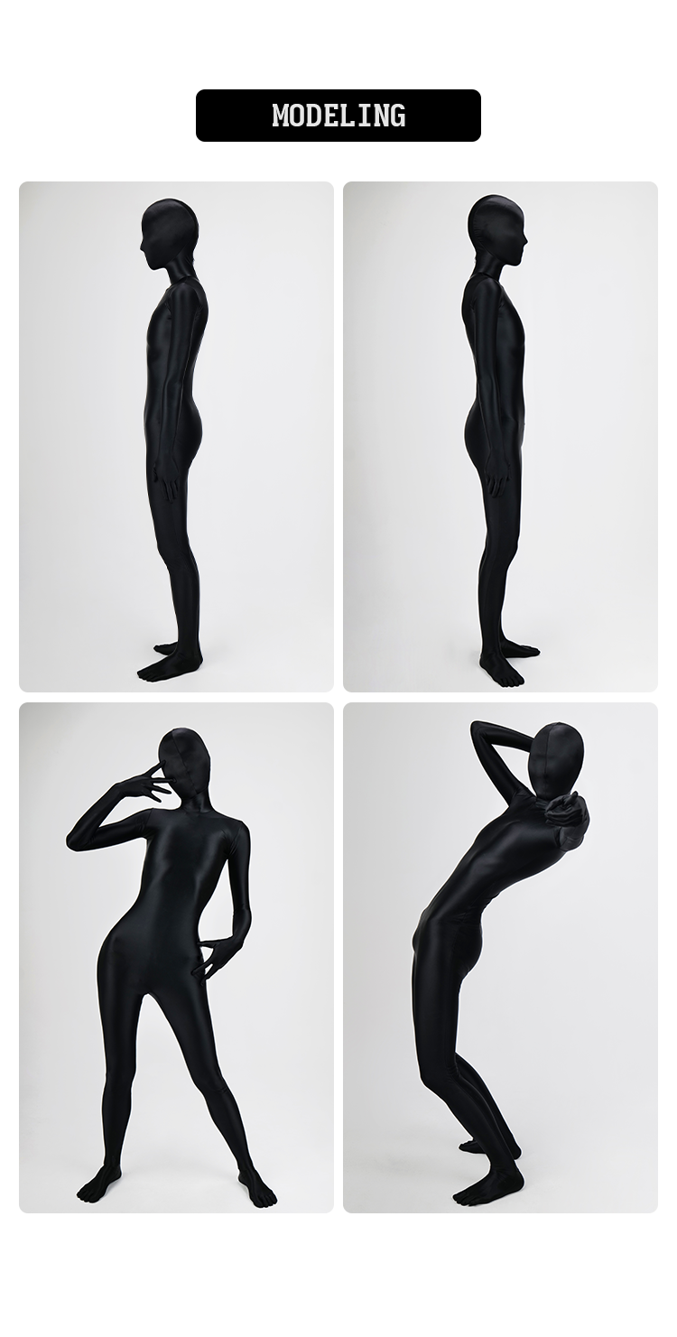 Dark glossy InTheMask MOLIS zentai catsuit with high-shine finish, full-body coverage, and sleek, form-fitting design.