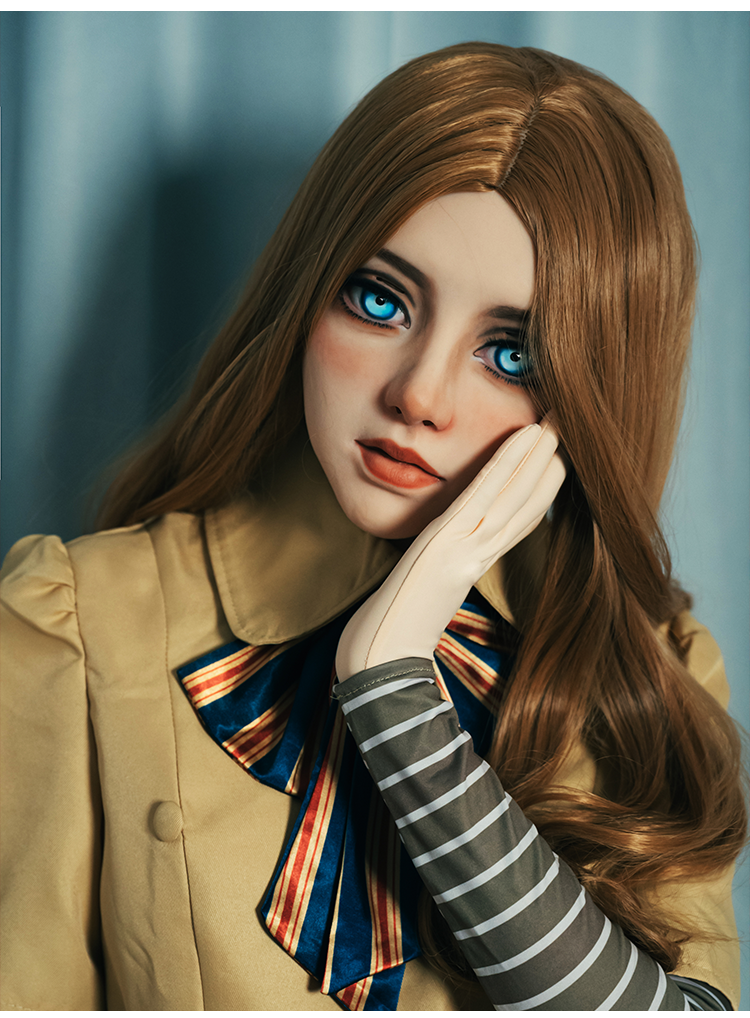 Inthemask by Moli's M3GAN style doll mask featuring realistic facial details and dark hair, designed for cosplay or costume use.