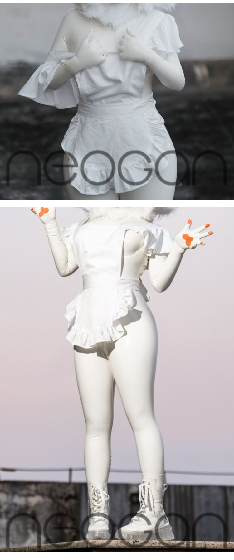 InTheMask by MOLIS NEOGAN NW10 pure white 100% custom fashion latex catsuit displayed on a model, showcasing sleek, form-fitting design.