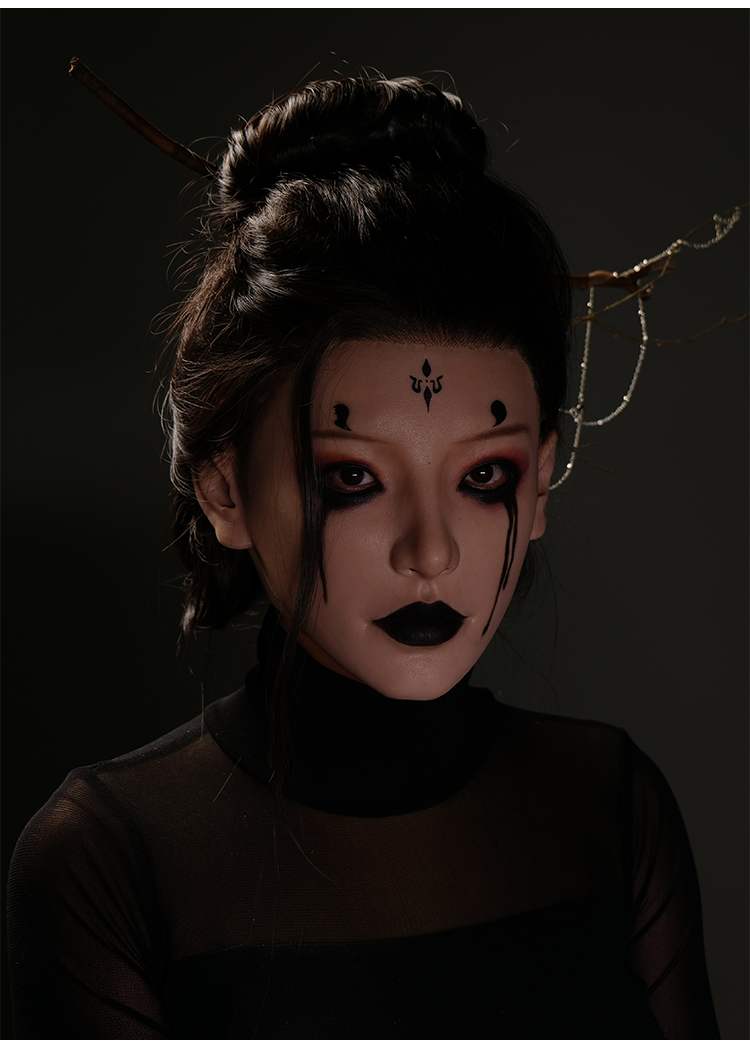 SecondFace by MoliFX "Acedia The Sloth" Spider Spirit makeup featuring black and intricate face paint design from Inthemask by Moli's.