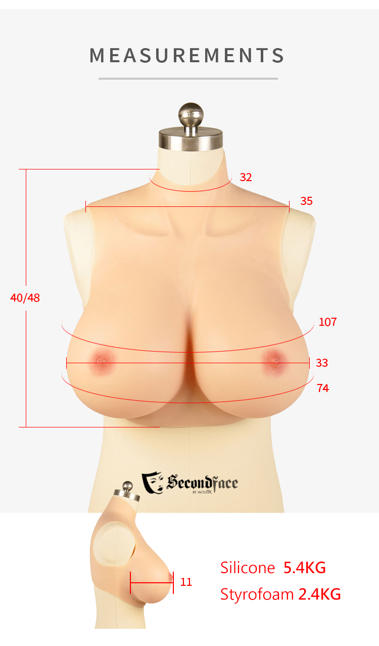 Inthemask by Moli's SecondFace Luxuria silicone breastplate with L cup size, showcasing realistic skin tone and detailed breast contours.