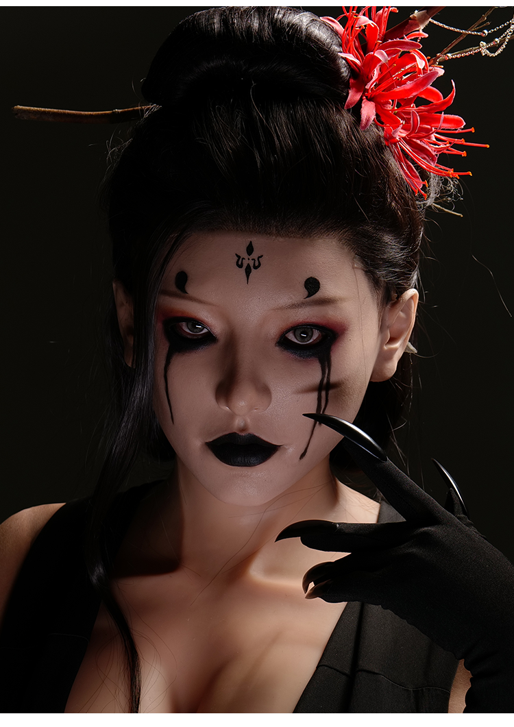 SecondFace by MoliFX "Acedia The Sloth" Spider Spirit makeup from Inthemask, featuring detailed black-themed face art and design.
