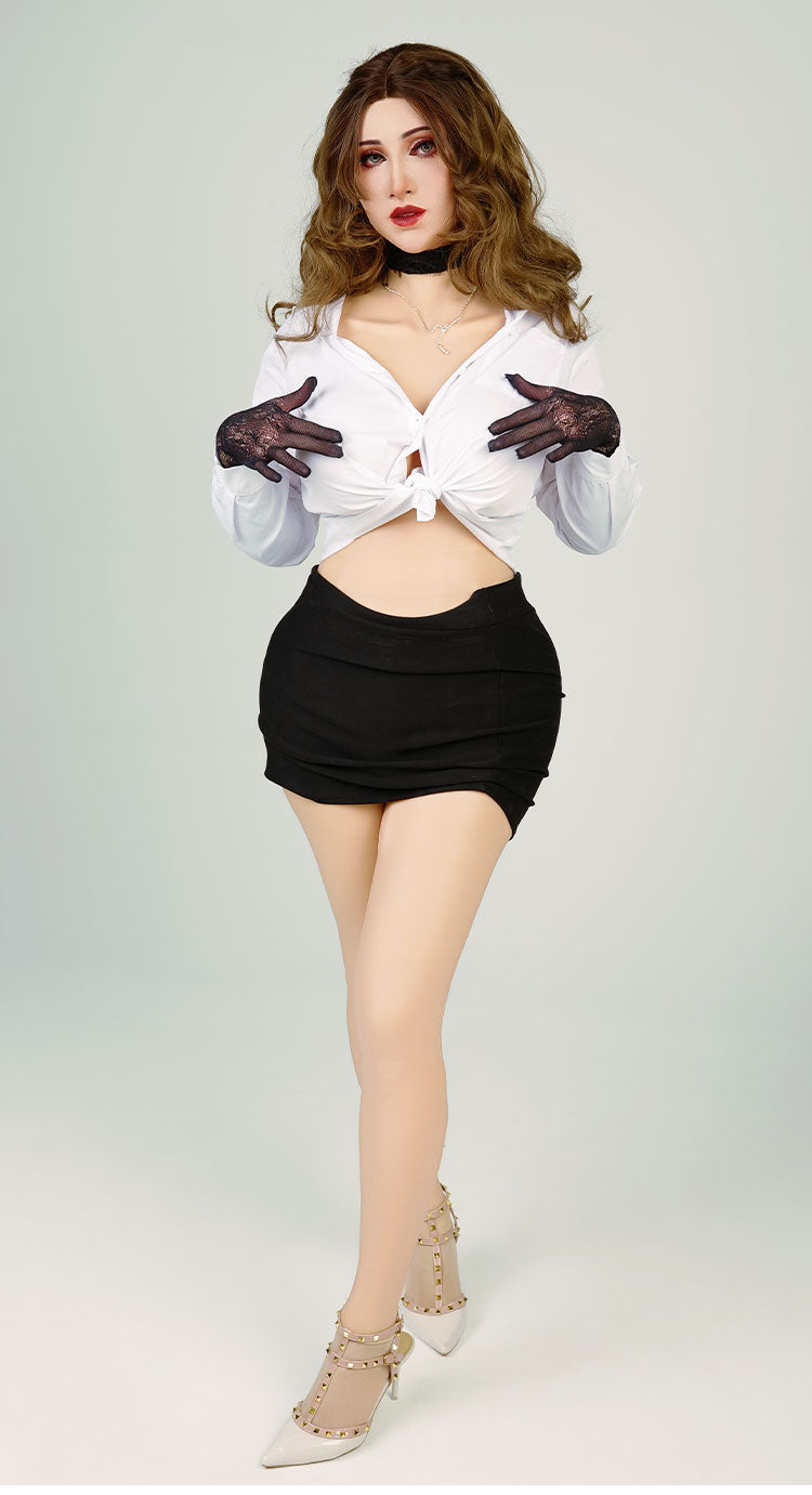 Silicone female bodysuit with arms and padded F cup girdle, by Inthemask by Moli’s, shown on a model.