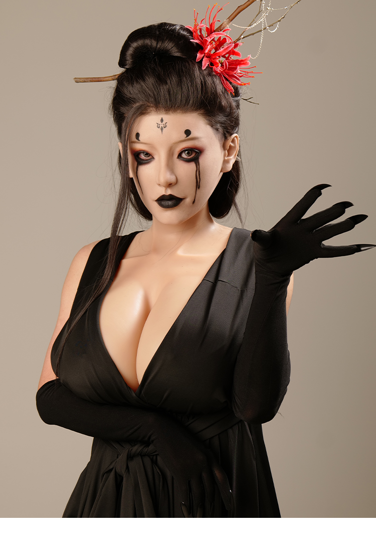 SecondFace by MoliFX "Acedia The Sloth" Spider Spirit 4th Sister makeup with detailed black and gray face paint and intricate design.