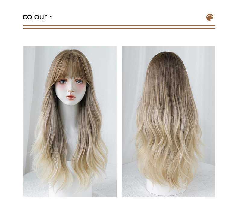 Long curly flaxen light brown wig by InTheMask, 67cm gradient hairstyle with natural volume and soft waves.
