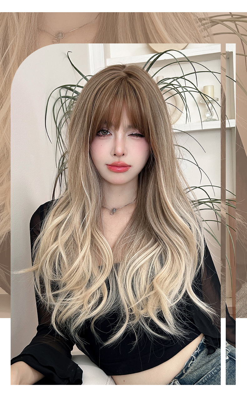 Long light brown gradient curly wig by InTheMask, MOLIS, showcasing flowing 67cm wavy flaxen hair