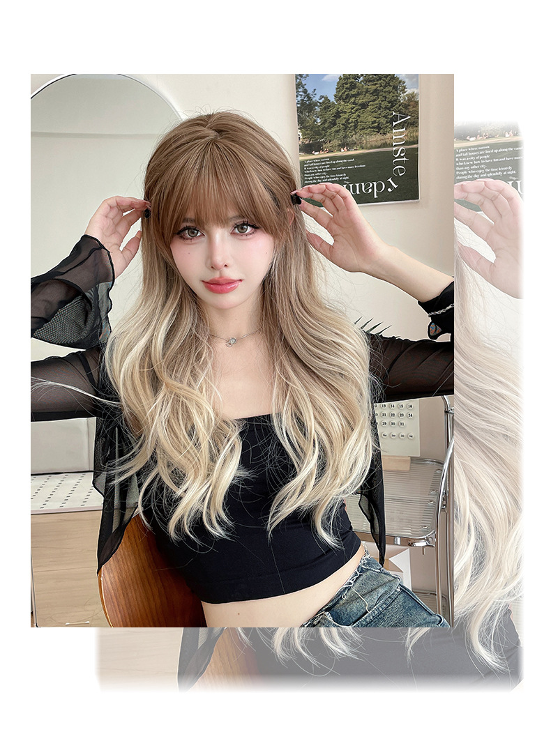 Long curly light brown flaxen wig with gradient color, 67cm, from InTheMask by MOLIS, shown on a mannequin head.