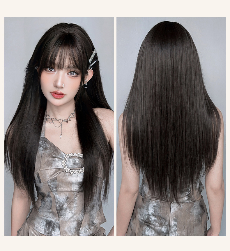 Long straight black wig with tea color highlights, 73cm, by InTheMask by MOLIS, showing smooth, shiny hair style.