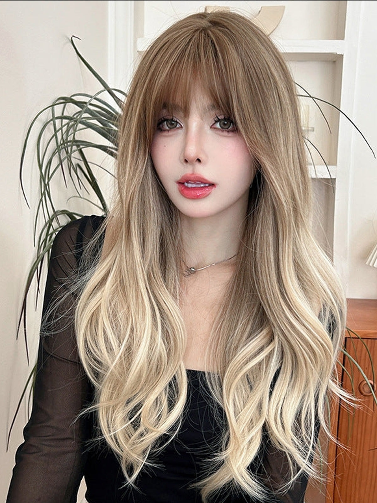 Long light brown gradient curly wig by InTheMask by MOLIS, 67cm with natural flowing long curly flaxen hair.