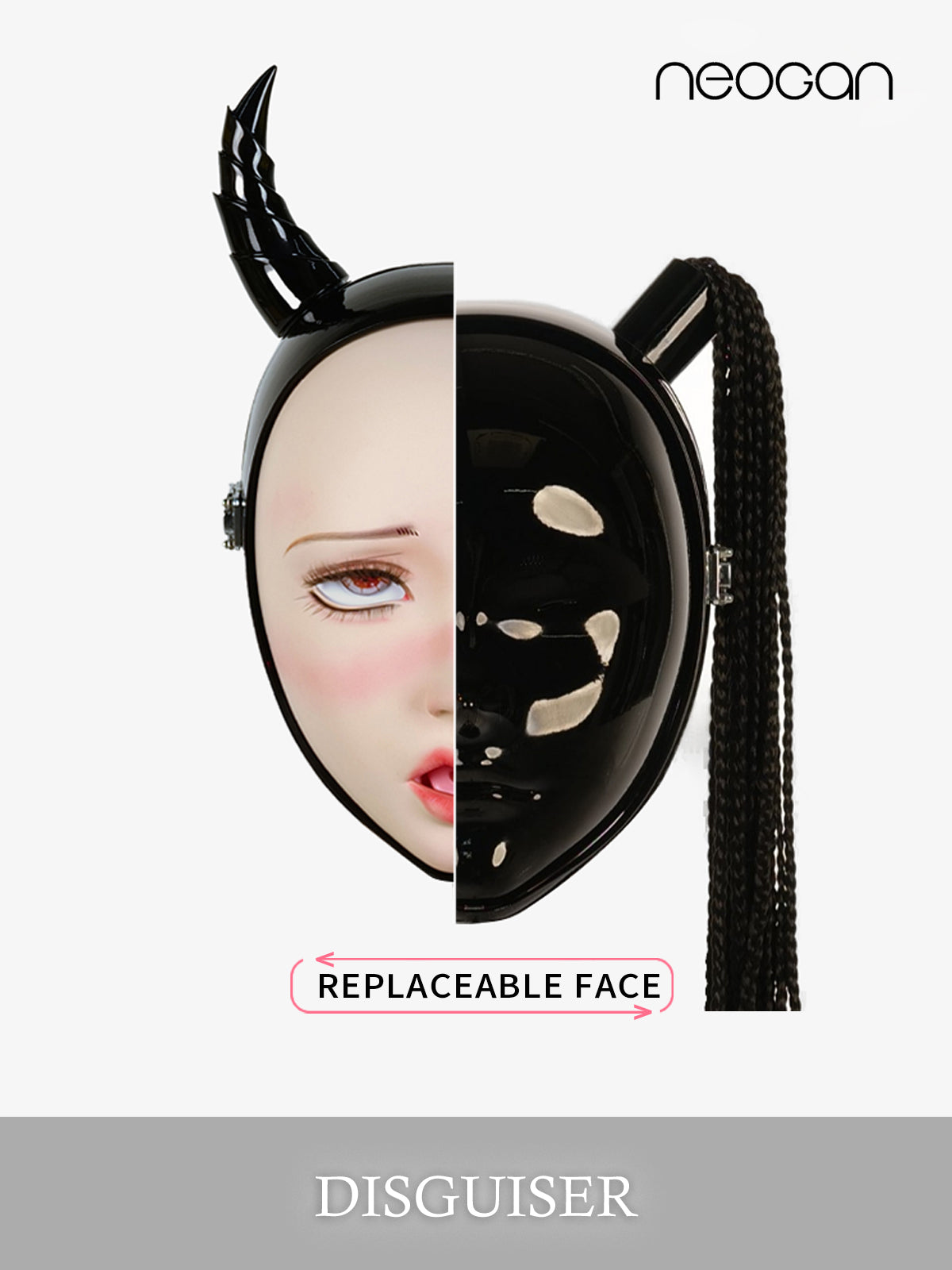 InTheMask NEOGAN Disguiser black mask with two ponytails and padlocks, featuring detailed costume design and bold appearance.