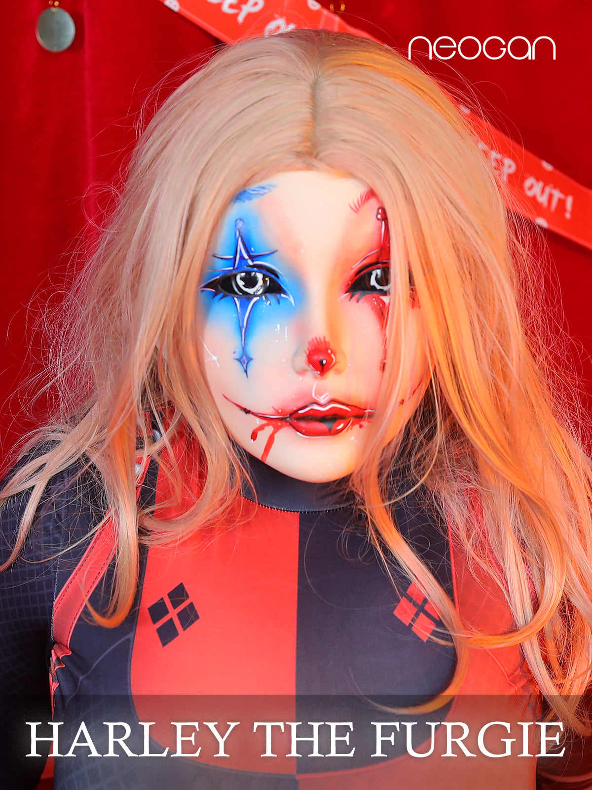 Harley the Furgie Clown female doll mask by InTheMask MOLIS, limited edition 1 of 1, featuring colorful clown face and intricate design.