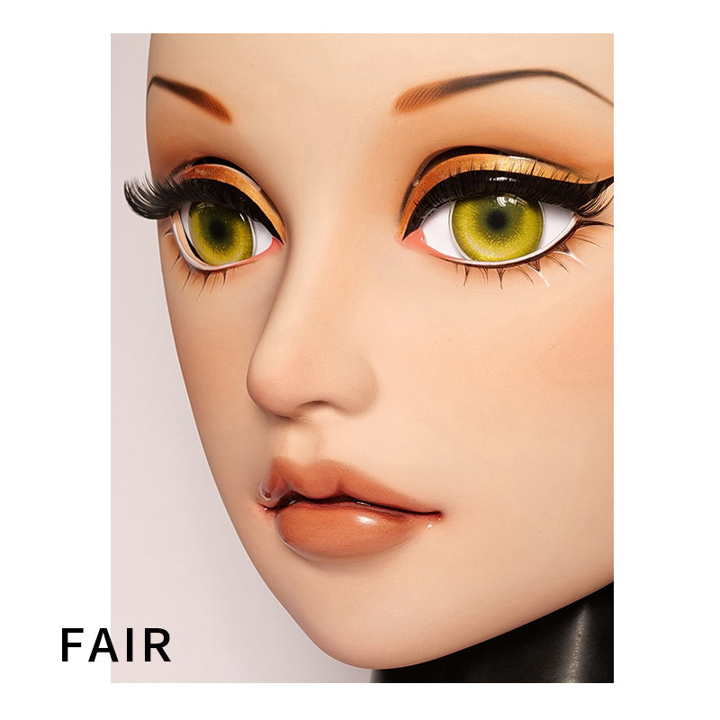Neogan Parker female doll mask with gag and latex hood by Molis D04, shown on a mannequin head with detailed latex features.