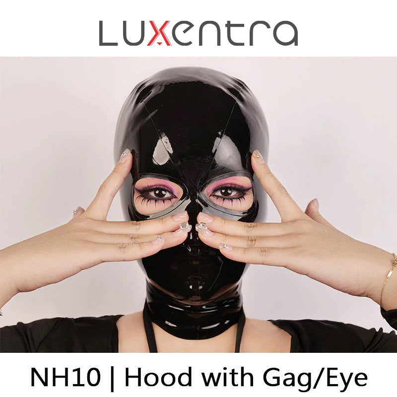 Inthemask by Moli's LUXENTRA NH10 full-coverage latex hood for immersive role-play, shown in black latex on a mannequin.