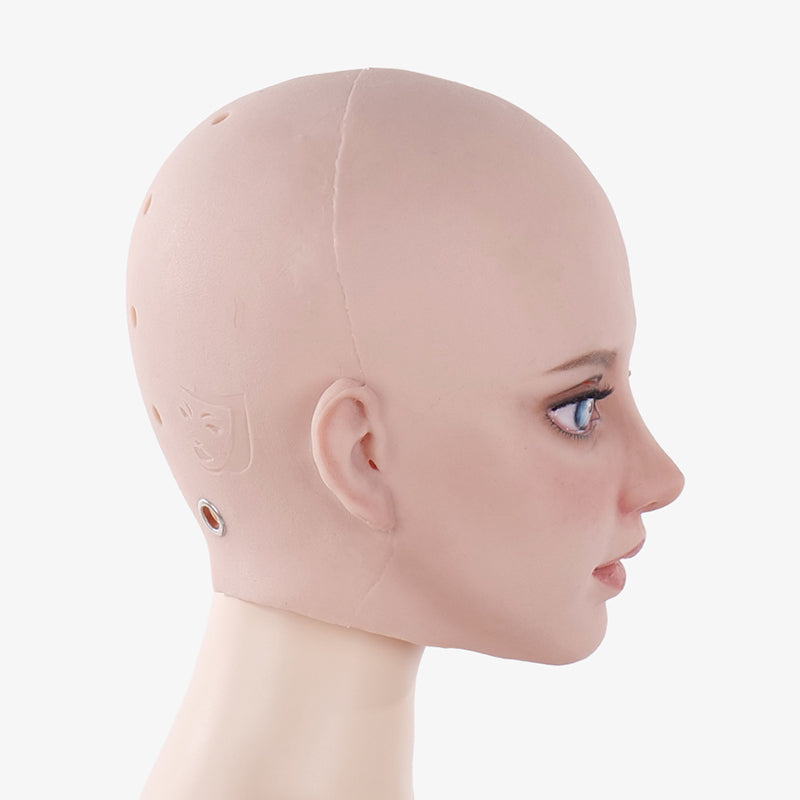 Inthemask by Moli's M3GAN-style doll mask, SecondFace F03M, featuring realistic facial details and dark hair for cosplay or costume use.