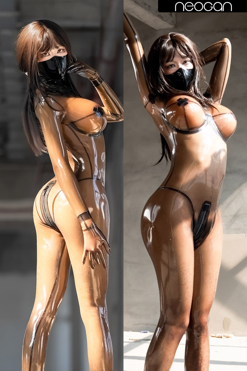 Transparent black NEOGAN TB10 custom fashion latex catsuit by InTheMask, featuring a sleek, form-fitting design with detailed texture.