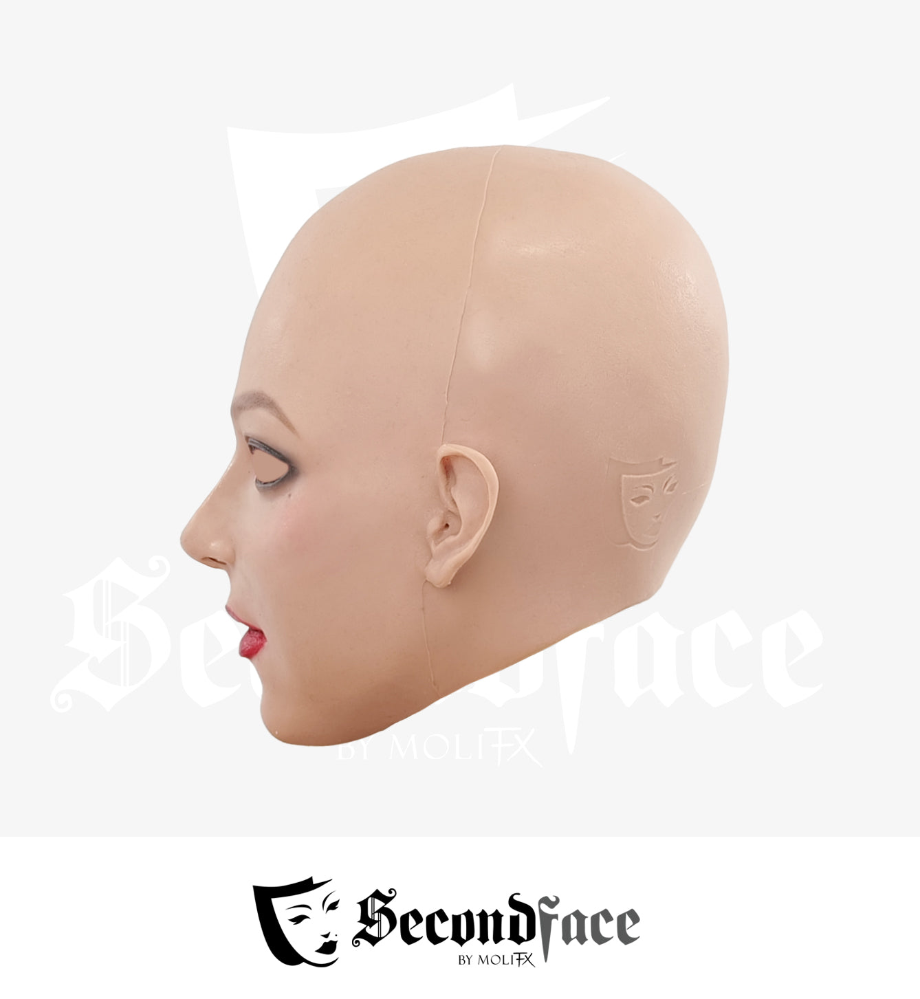InTheMask Midnight Invidia silicone female mask, SecondFace F02M, showing detailed facial features and sleek midnight black design.