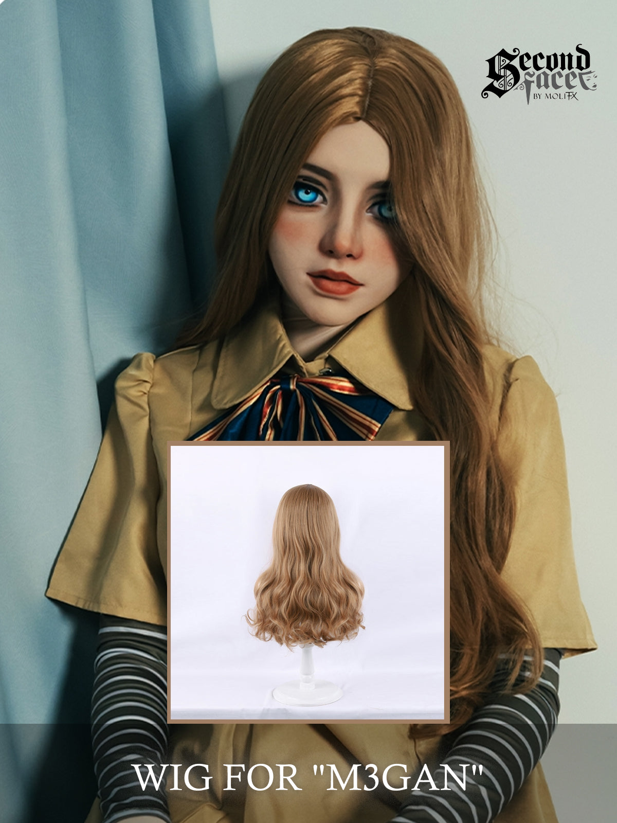 Ash blonde wavy wig from SecondFace by MoliFX, styled with a middle part, designed to resemble M3GAN character.