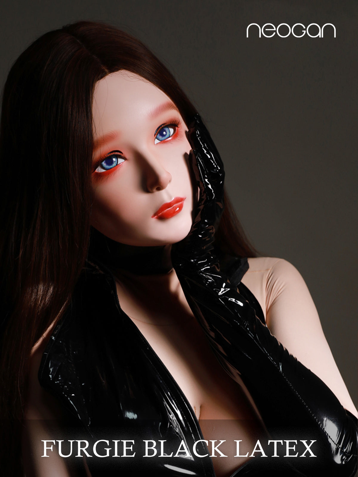 Black latex female doll mask with hood and optional gag, from InTheMask by MOLIS, featuring detailed facial features and sleek design.