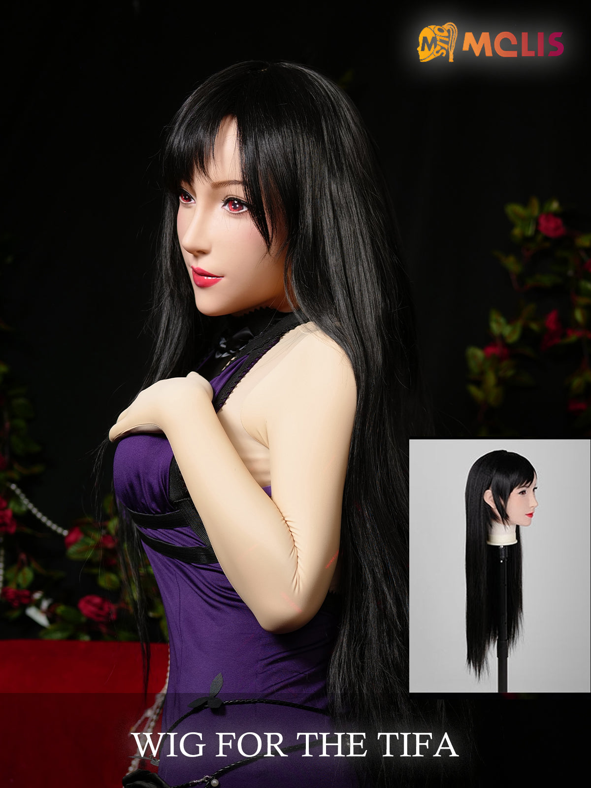 Long black Tifa wig from SecondFace by MoliFX, designed for large heads, featuring realistic hair and comfortable fit.