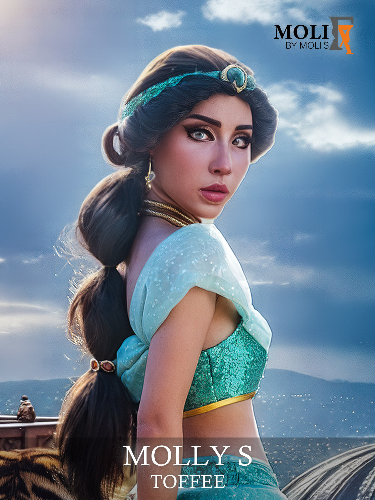 MoliFX Molly S Princess Jasmine silicone female mask with toffee complexion for SFX makeup, detailed facial features, class X02B