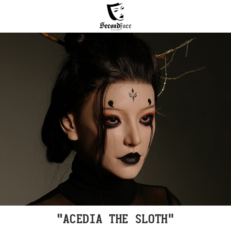 SecondFace by MoliFX "Acedia The Sloth" Spider Spirit 4th Sister makeup in black with intricate spider-themed face paint.