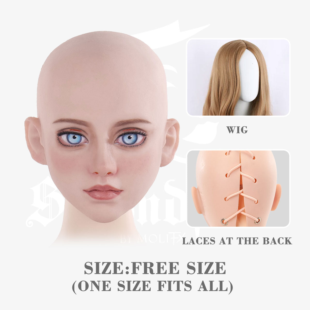 M3GAN style doll mask by SecondFace F03M, realistic horror-themed mask from Inthemask by Moli's, detailed facial features.
