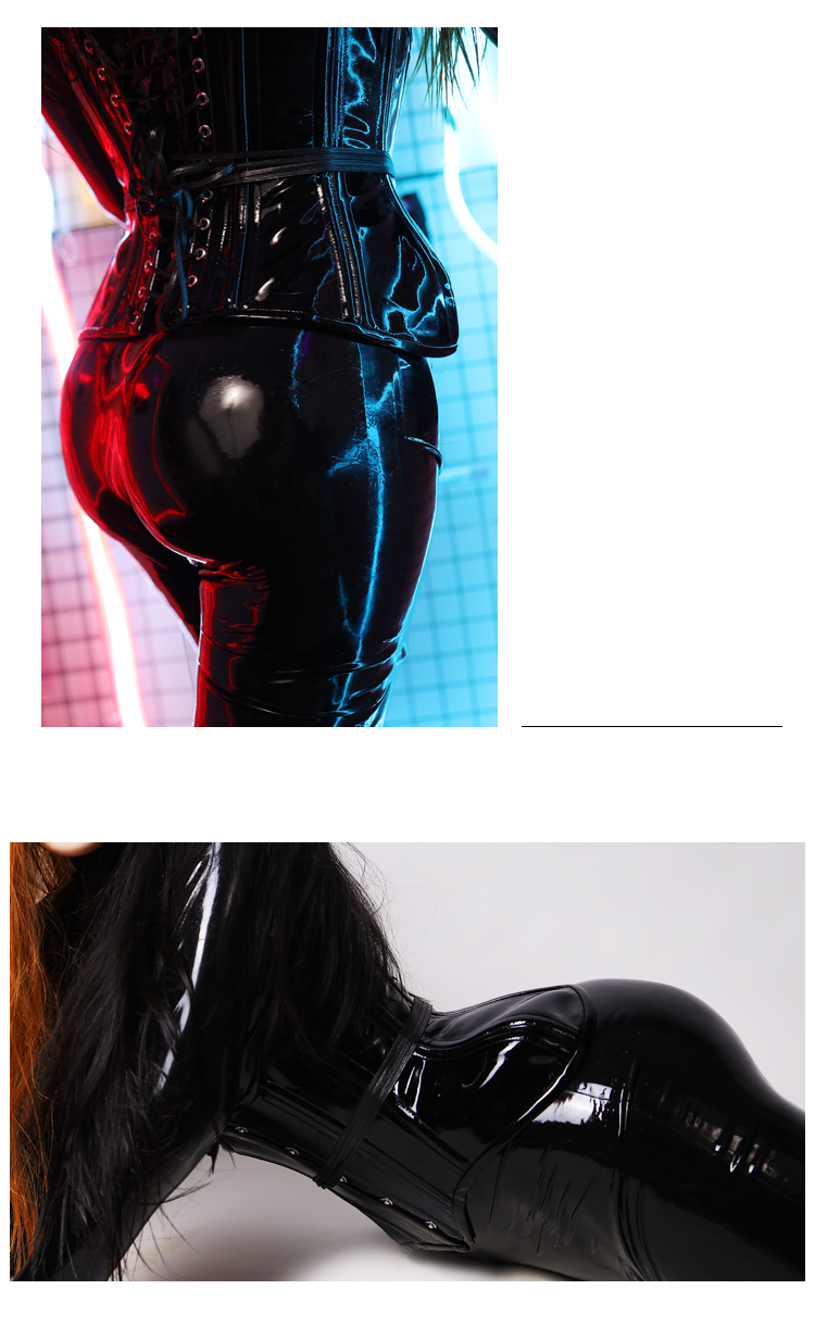 Neogan NB10 custom fashion latex catsuit by InTheMask, back zipper, no feet, hands, or hood, shiny black latex body suit.