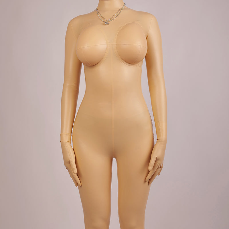 Inthemask by Moli's NEOGAN NN50 skin-colored latex bodysuit for kigurumi, back zipper, no feet, hands, or hood, full-body costume.