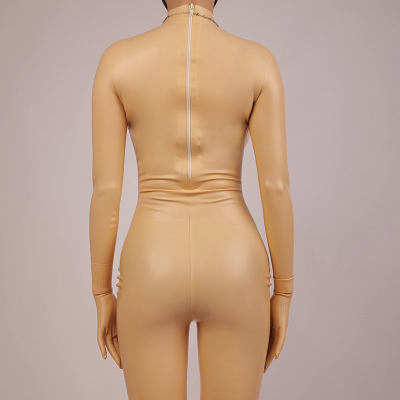 Inthemask by Moli's NEOGAN NN50 skin color latex bodysuit for kigurumi, back zipper, no feet, hands, or hood, form-fitting design