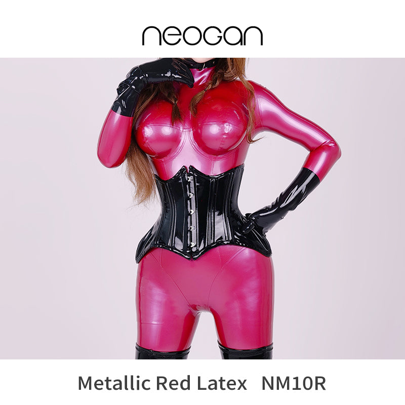 Metallic red NEOGAN NM10R latex bodysuit by Inthemask with back zipper, tailored fit, no feet, hands, or hood, shiny and form-fitting.