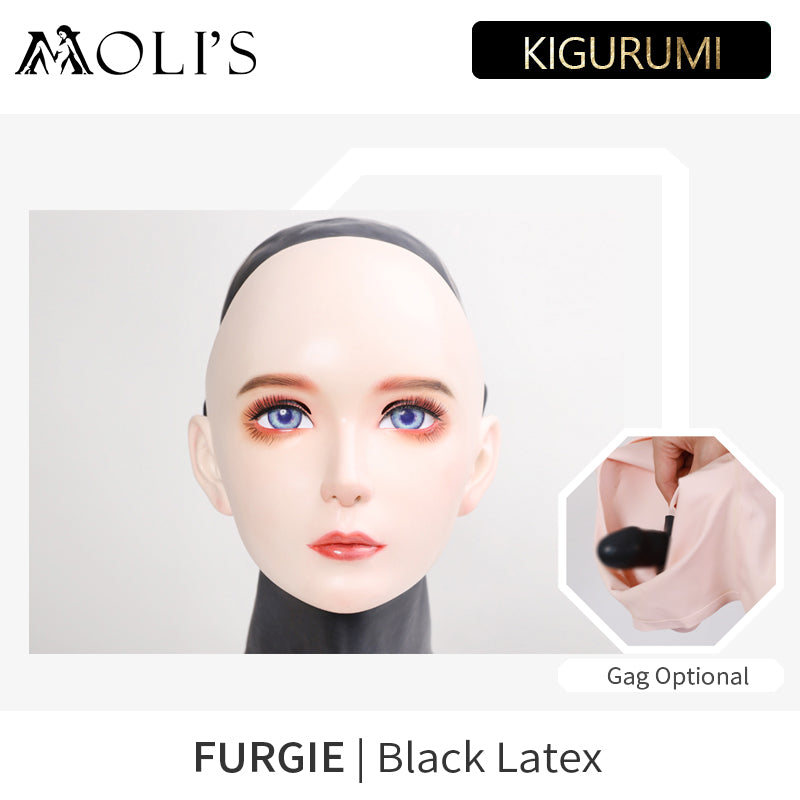 "Furgie" Female Doll Mask with Latex Hood and Optional Gag(Black Latex) D01 - InTheMask by Moli's