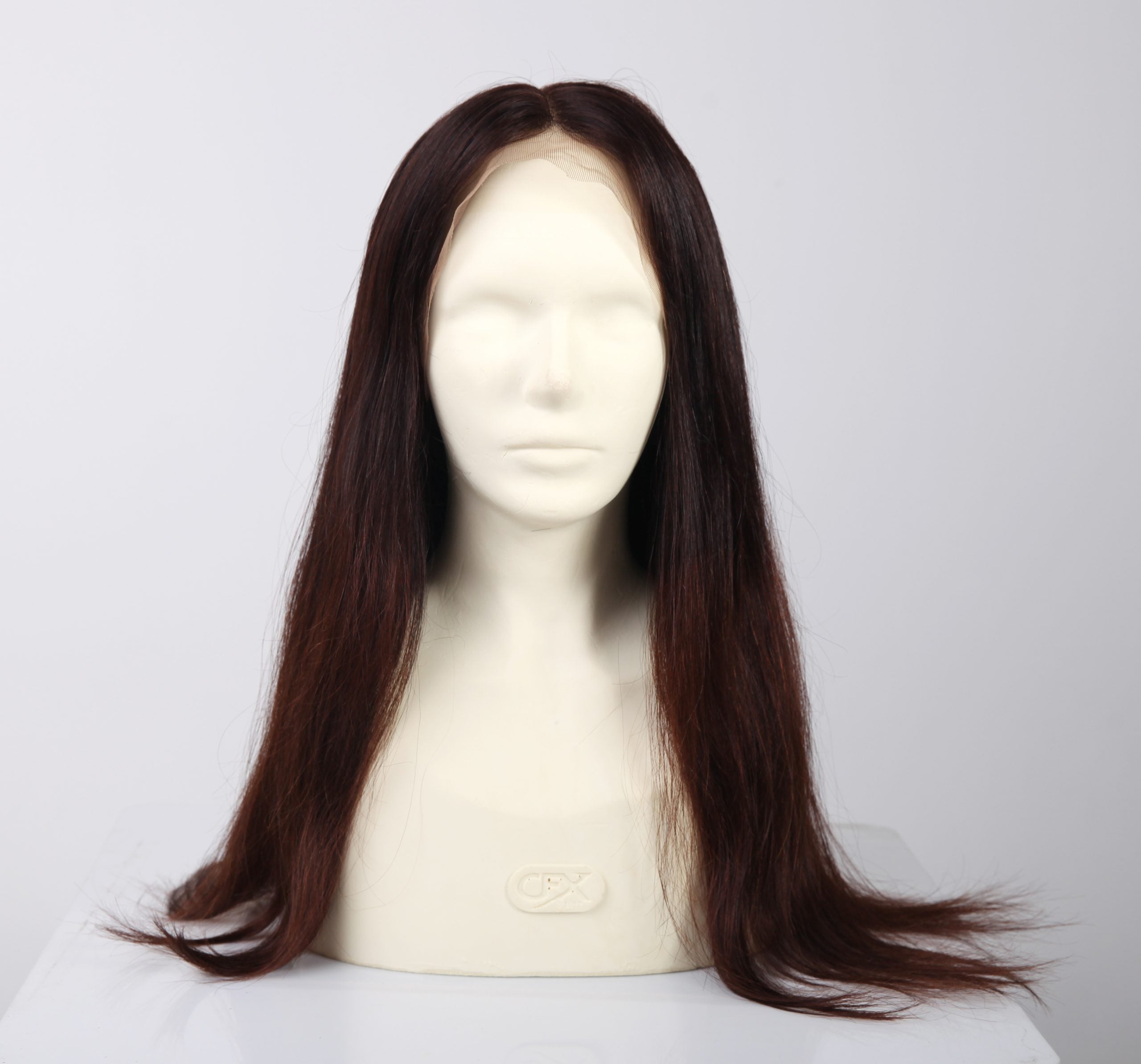 Genuine full lace wig in brunette brown by InTheMask, 16 to 22 inches, featuring natural black hair and lace front design.