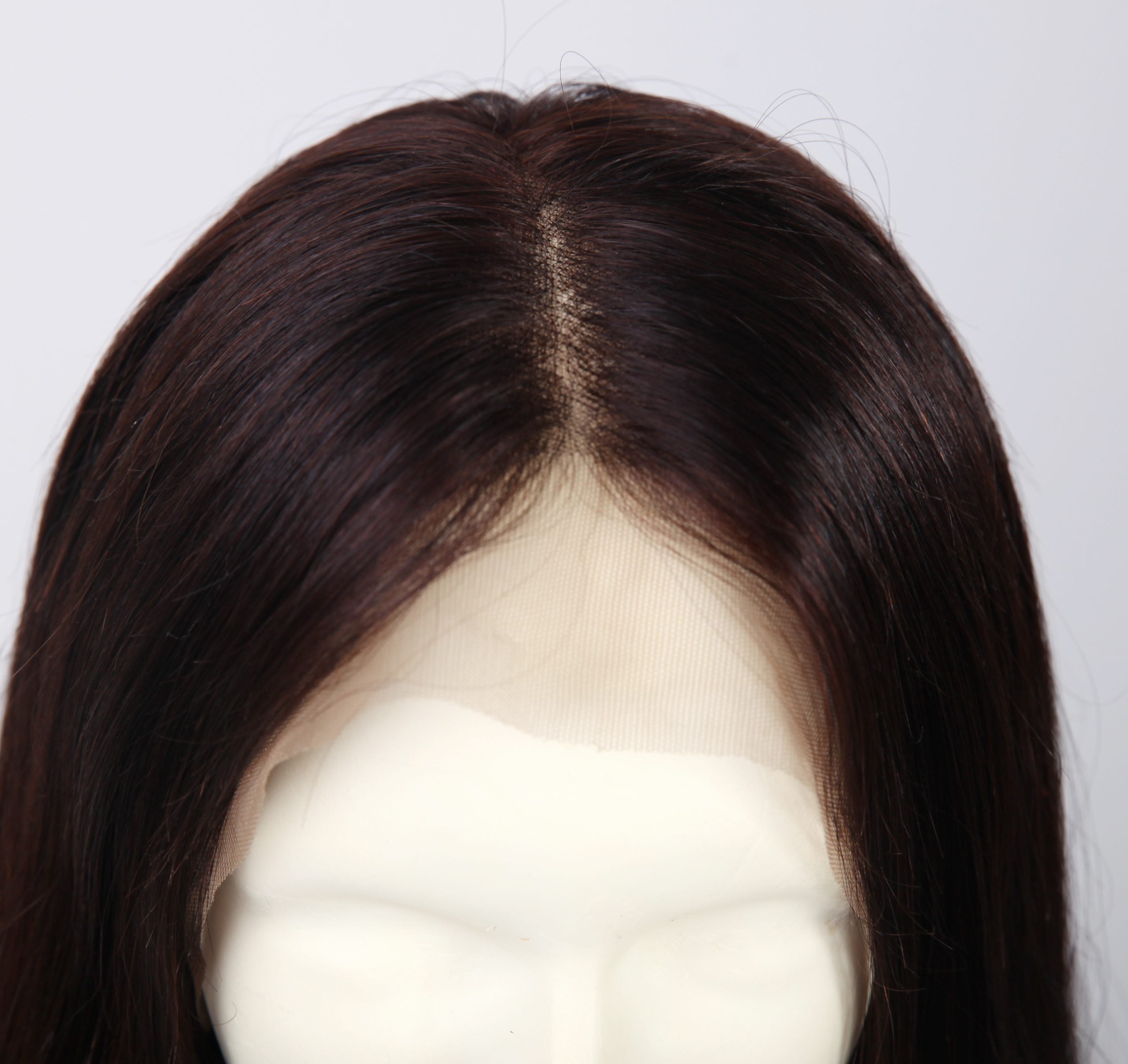 Genuine full lace wig by InTheMask, brunette brown color, 16 to 22 inches, natural hair texture and realistic lace cap.