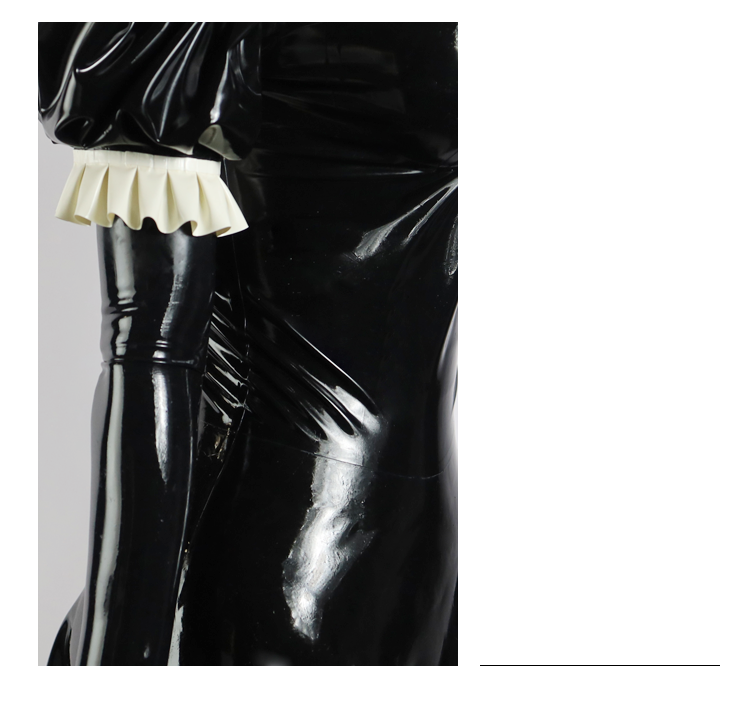 Black latex maid dress by InTheMask for NEOGAN NMD01, featuring a sleek, fitted rubber design with detailed craftsmanship.