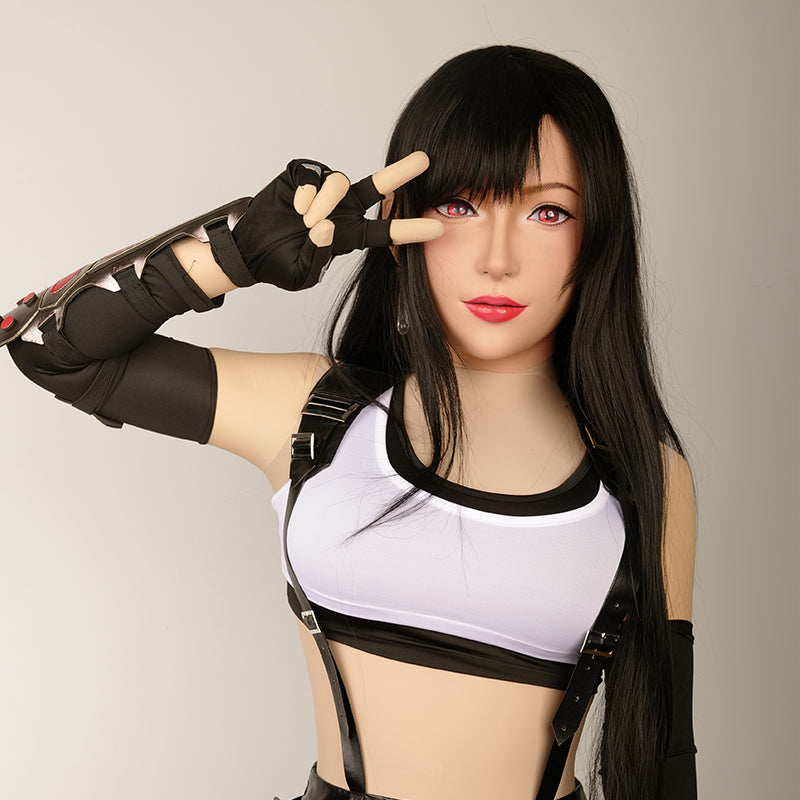 Long black Tifa wig with straight hair, designed for big heads, by SecondFace from Inthemask by MoliFX.