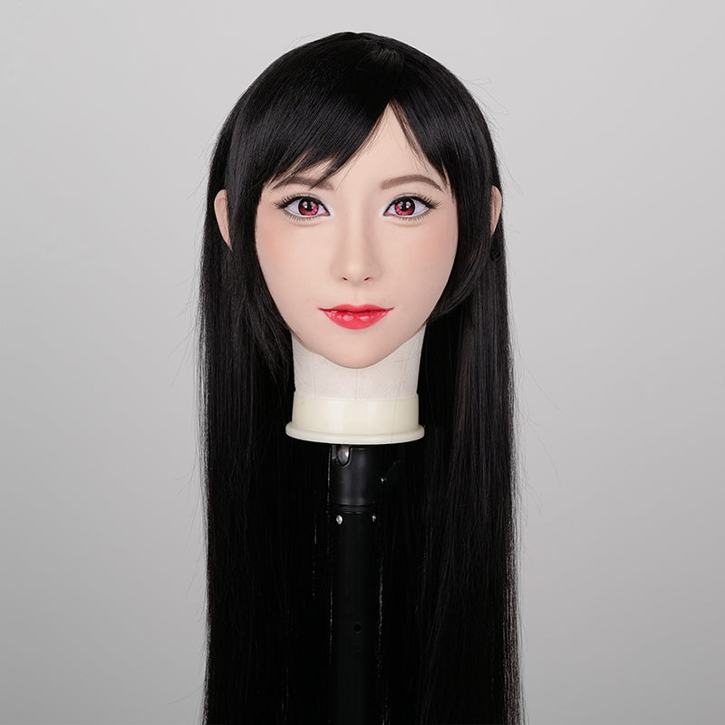 Long black Tifa wig with thick, flowing hair for big heads, designed for SecondFace by MoliFX, showing realistic styling.