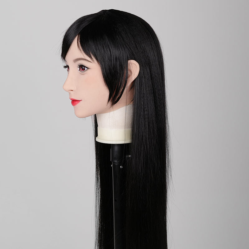 Long black Tifa wig by SecondFace for big heads, featuring flowing hair and natural texture for cosplay or costume use.