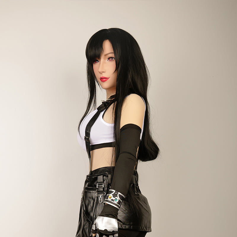 Long black wig with straight hair for big heads, styled for SecondFace by MoliFX, featuring natural-looking hair for large head sizes.