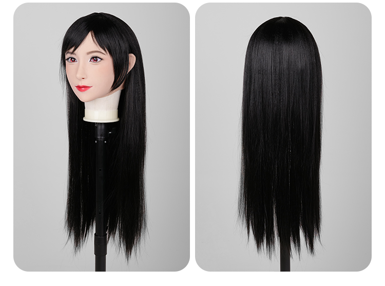 Long black Tifa wig with voluminous hair for big heads, designed by SecondFace for MoliFX, shown on a mannequin head.