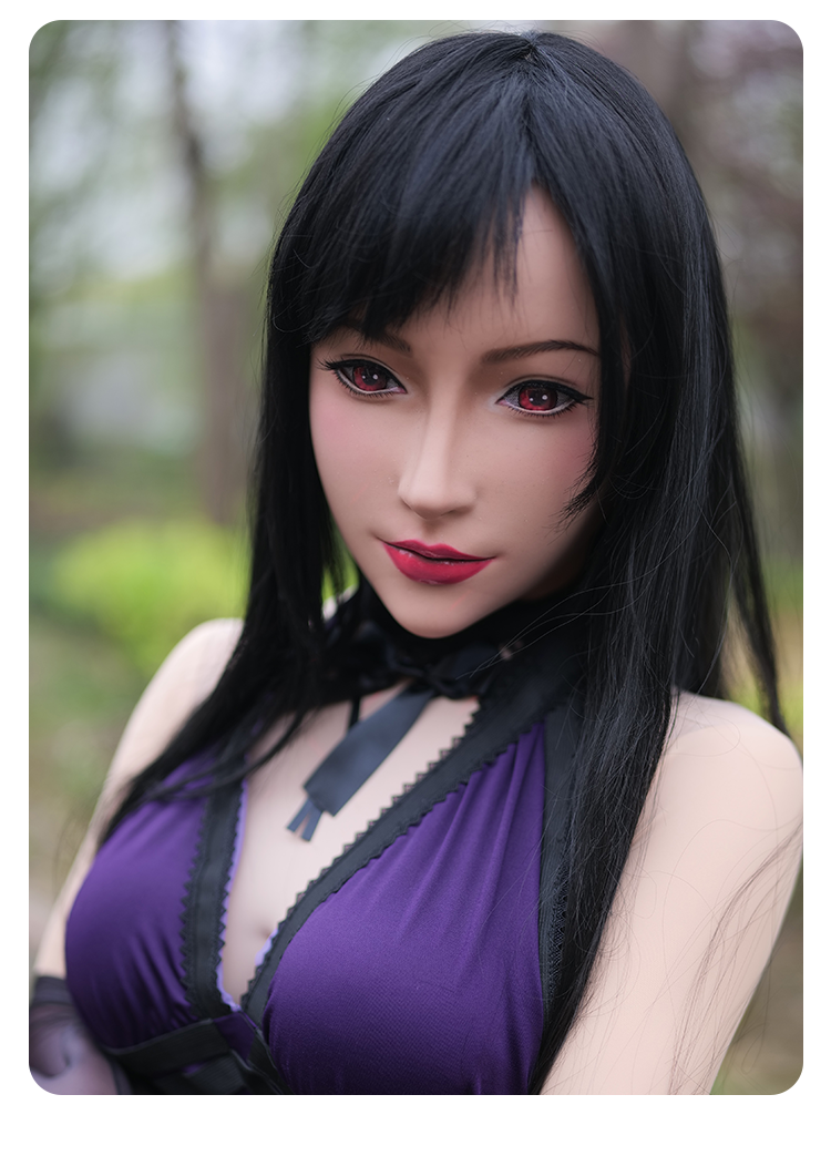 Long black Tifa wig for big heads from SecondFace by MoliFX, featuring silky, flowing hair for cosplay or costume use.