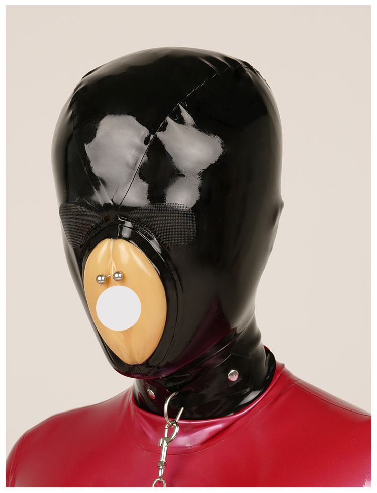 Black latex mask by InTheMask MOLIS titled "The Devourer," featuring fake pussy mouth and micropores for a radical rubber latex look.