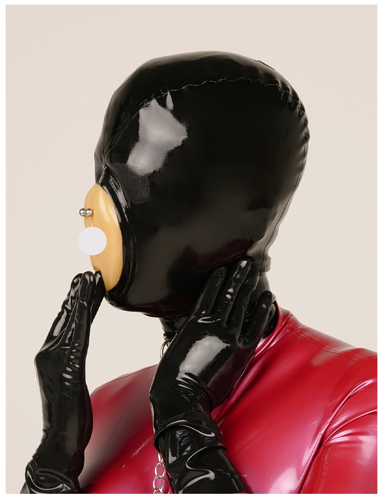Black latex mask by InTheMask MOLIS, "The Devourer," featuring fake pussy mouth and micropores, designed for radical rubber costume wear.
