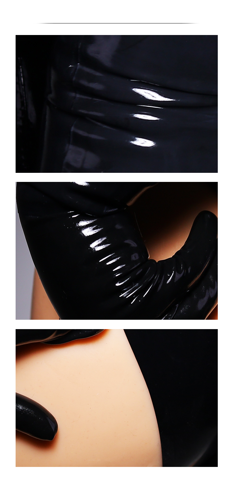 Black NEOGAN GS30 full-length latex gloves by Inthemask, designed for immersive role-play, shown in a close-up image.