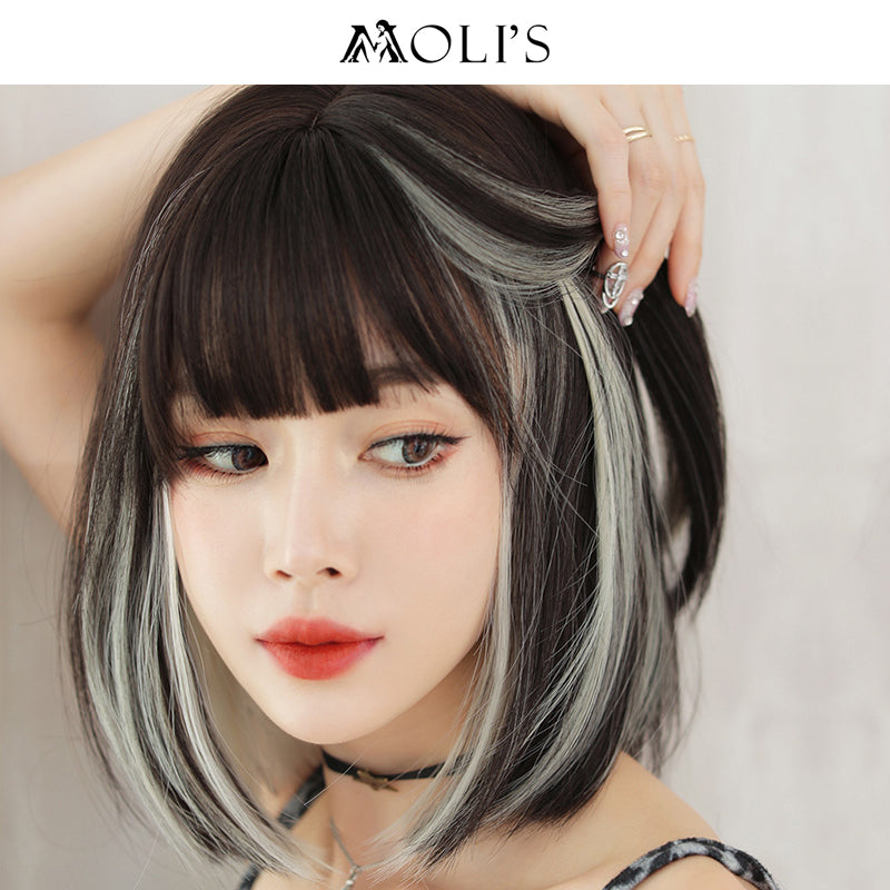 Black and gray short straight wig with flush bangs, 33cm length, from Inthemask by Moli's, styled with a sleek, natural look.