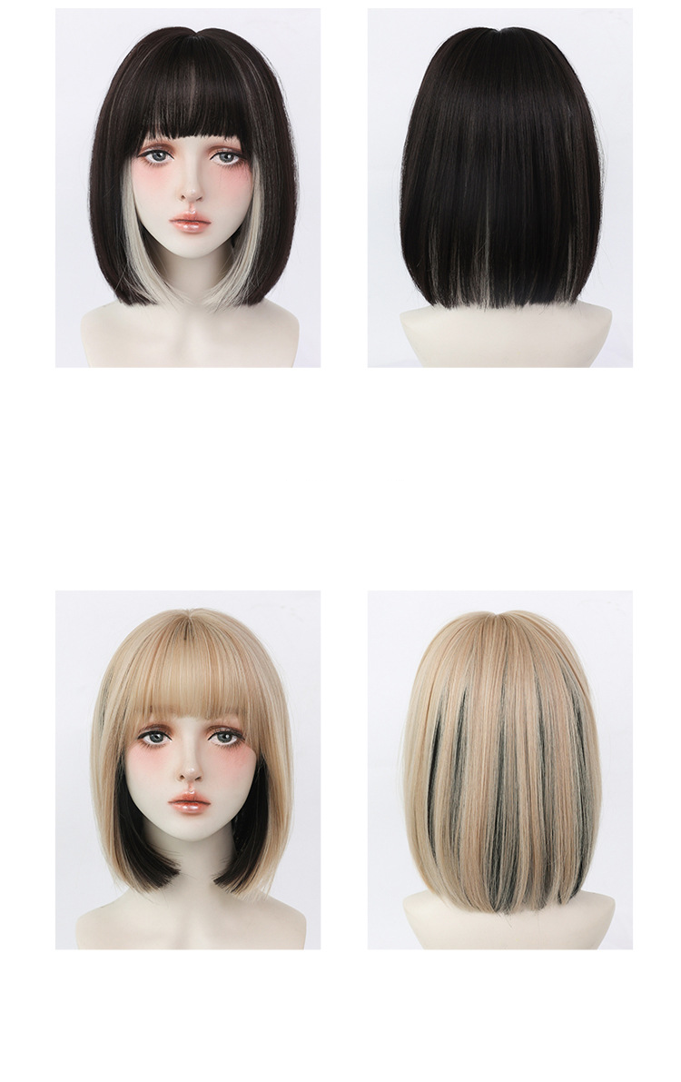 Black and gray short straight wig with flush bang by Inthemask by Moli's, 33cm length, featuring a sleek hairstyle.
