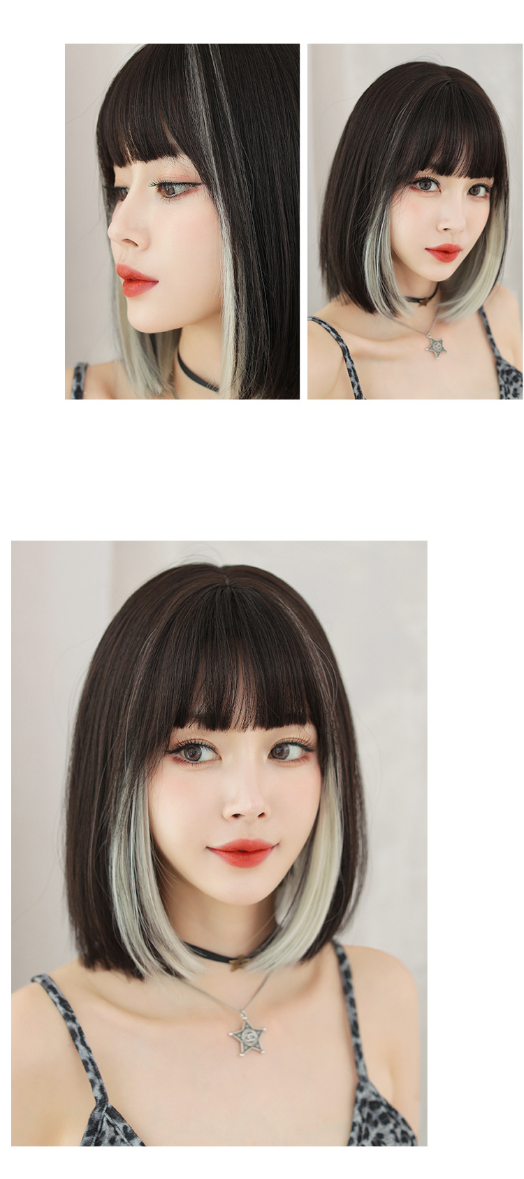 Black and gray short straight wig with a flush bang, 33cm, by Inthemask by Moli's.