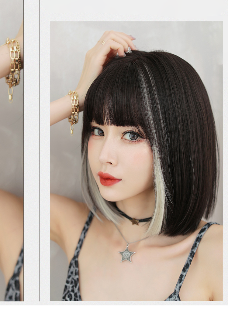 Inthemask by Moli's black and gray short straight wig with flush bangs, 33cm length, featuring a sleek, stylish hairstyle.